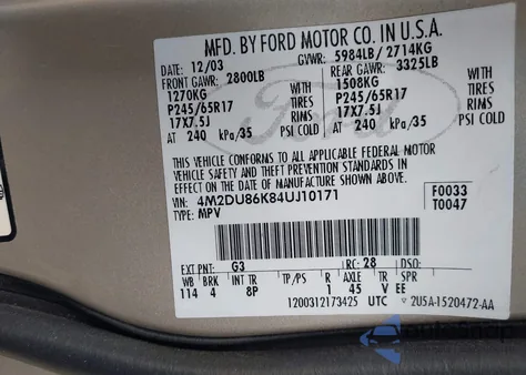 2004 Mercury Mountaineer z USA, uszkodzony, nr VIN 4M2DU86K840J10171